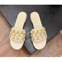 Pretty Style Chanel Calfskin Flat Slides Sandal with Chain Strap Beige 2025A CH071508