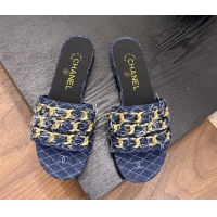 Cheap Price Chanel Denim Flat Slides Sandal with Chain Strap Navy Blue 2025A CH071508