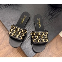 Luxurious Chanel Calfskin Flat Slides Sandal with Chain Strap Black 2025A CH071508