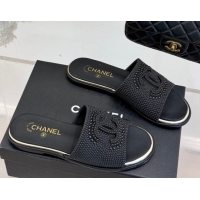 Good Looking Chanel Pearls Flat Slides Sandal Black 2025A CH071509