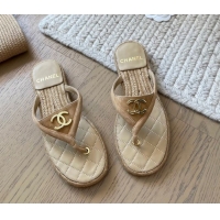Feminine Chanel Suede Flat Thong Slides Sandal Beige 2025P CH071510