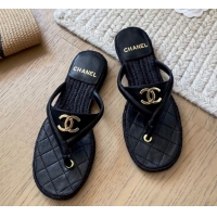 Best Grade Chanel Lambskin Flat Thong Slides Sandal Black 2025P CH071510