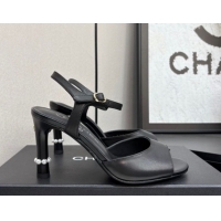 Stylish Chanel Lambskin Heel Sandals 9cm with Pearls Black 2025 G46488