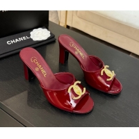 Comfortable Chanel Patent Calfskin Heel Slides Sandal 8.5cm with Maxi CC Dark Burgundy 2025FW CH071511