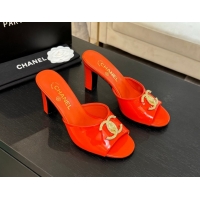 Luxury Chanel Patent Calfskin Heel Slides Sandal 8.5cm with Maxi CC Dark Orange 2025FW CH071511