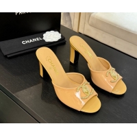 Luxury Discount Chanel Patent Calfskin Heel Slides Sandal 8.5cm with Maxi CC Yellow 2025FW CH071511