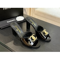 Luxury Chanel Patent Calfskin Heel Slides Sandal 8.5cm with Maxi CC Black 2025FW CH071511
