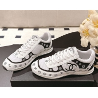 Buy Luxury Chanel Printed Leather & Mesh Sneakers White/Black 2025 CH071512