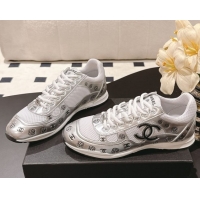 Buy Discount Chanel Printed Leather & Mesh Sneakers Silver/White 2025 CH071512