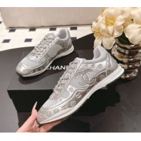 Generous Chanel Printed Leather & Mesh Sneakers Silver/Grey 2025 CH071512