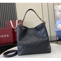 Low Cost Gucci GG Leather Emblem Medium Bucket Bag 815103 Black 2025