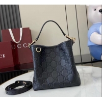 Top Grade Gucci GG Leather Emblem Small Bucket Bag 815118 Black 2025