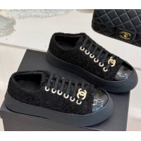 Luxurious Chanel Glittered Tweed Platform Sneakers 3.5cm Black 2025 G46620