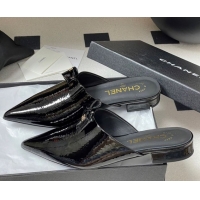Top Design Chanel Crumpled Patent Calfskin Flat Mules with Bow Black 2025 G46550