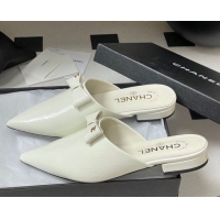 Unique Style Chanel Crumpled Patent Calfskin Flat Mules with Bow White 2025 G46550