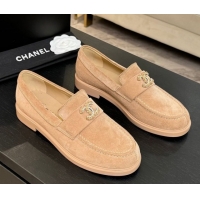 Big Discount Chanel Suede Loafers with Chain and Strass CC Beige 2025ss G37430