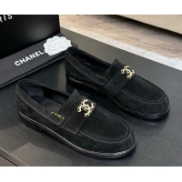 Durable Chanel Suede Loafers with Chain and Strass CC Black 2025ss G37430