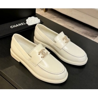Purchase Chanel Shiny Calfskin Loafers with Chain and Strass CC White 2025ss G37430