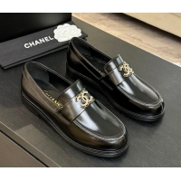 Lowest Price Chanel Shiny Calfskin Loafers with Chain and Strass CC Black 2025ss G37430