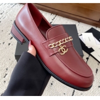 Luxury Cheap Chanel Shiny Lambskin Loafers with Chain and Strass Red 2025 G46581