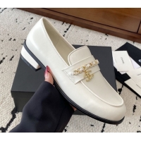 Luxury Chanel Shiny Lambskin Loafers with Chain and Strass White 2025 G46581