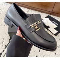 Stylish Chanel Shiny Lambskin Loafers with Chain and Strass Black 2025 G46581