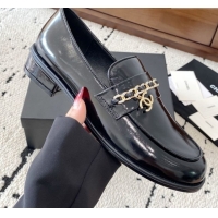Popular Style Chanel Patent Calfskin Loafers with Chain and Strass Black Leather 2025 G46581