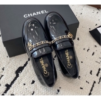 Popular Style Chanel Patent Calfskin Loafers with Chain and Strass Black Leather 2025 G46581
