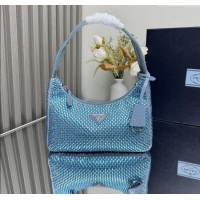 Luxury Cheap Prada Re-Edition Satin Mini-bag with Crystals 1NE515 Blue 2025