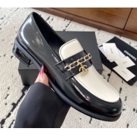 Top Design Chanel Patent Calfskin Loafers with Chain and Strass Black/White 2025 G46581