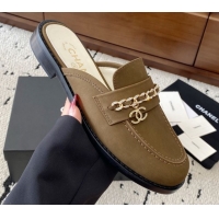 Cheap Price Chanel Suede Loafer Mules with Chain and Strass Khaki 2025 G46581
