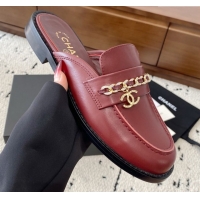 Original Cheap Chanel Shiny Lambskin Loafer Mules with Chain and Strass Red 2025 G46581