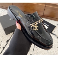 Sophisticated Chanel Patent Calfskin Loafer Mules with Chain and Strass Black 2025 G46581