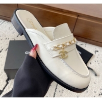 Hot Style Chanel Shiny Lambskin Loafer Mules with Chain and Strass White 2025 G46581