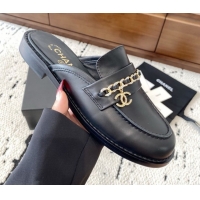 Sumptuous Chanel Shiny Lambskin Loafer Mules with Chain and Strass Black 2025 G46581