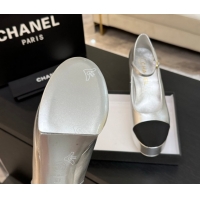 Stylish Chanel Laminated Leather & Grosgrain Platform Mary Janes Pumps 11cm with Strass Buckle Silver 2025 G46434