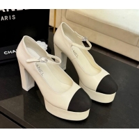Durable Chanel Calfskin & Grosgrain Platform Mary Janes Pumps 11cm with Strass Buckle White 2025 G46434