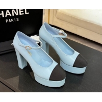 Shop Cheap Chanel Calfskin & Grosgrain Platform Mary Janes Pumps 11cm with Strass Buckle Light Blue 2025 G46434