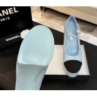 Shop Cheap Chanel Calfskin & Grosgrain Platform Mary Janes Pumps 11cm with Strass Buckle Light Blue 2025 G46434