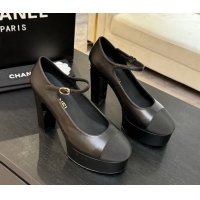 Low Cost Chanel Calfskin & Grosgrain Platform Mary Janes Pumps 11cm with Strass Buckle Black 2025 G46434