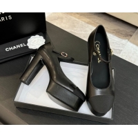 Low Cost Chanel Calfskin & Grosgrain Platform Mary Janes Pumps 11cm with Strass Buckle Black 2025 G46434