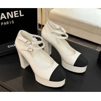 Buy Luxury Chanel Calfskin & Grosgrain Platform Mary Janes Pumps 11cm with Double Buckle White 2025 G46433