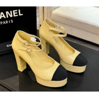 Pretty Style Chanel Calfskin & Grosgrain Platform Mary Janes Pumps 11cm with Double Buckle Yellow 2025 G46433