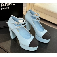 Classic Hot Chanel Calfskin & Grosgrain Platform Mary Janes Pumps 11cm with Double Buckle Light Blue 2025 G46433