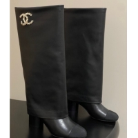 Top Design Chanel Calfskin & Grosgrain Heel High Boots 6cm with Foldover Bootleg Black 2025 CH071516