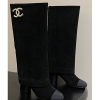 Good Product Chanel Suede & Grosgrain Heel High Boots 6cm with Foldover Bootleg Black 2025 CH071516