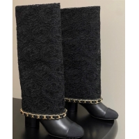 Best Price Chanel Lace, Calfskin & Grosgrain Heel High Boots 6cm with Foldover Bootleg and Chain Black 2025 CH071517