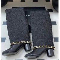 Best Price Chanel Lace, Calfskin & Grosgrain Heel High Boots 6cm with Foldover Bootleg and Chain Black 2025 CH071517