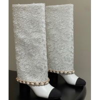 Most Popular Chanel Lace, Calfskin & Grosgrain Heel High Boots 6cm with Foldover Bootleg and Chain White 2025 CH071517