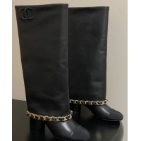 Charming Chanel Calfskin Leather & Grosgrain Heel High Boots 6cm with Foldover Bootleg and Chain Black 2025 CH071517